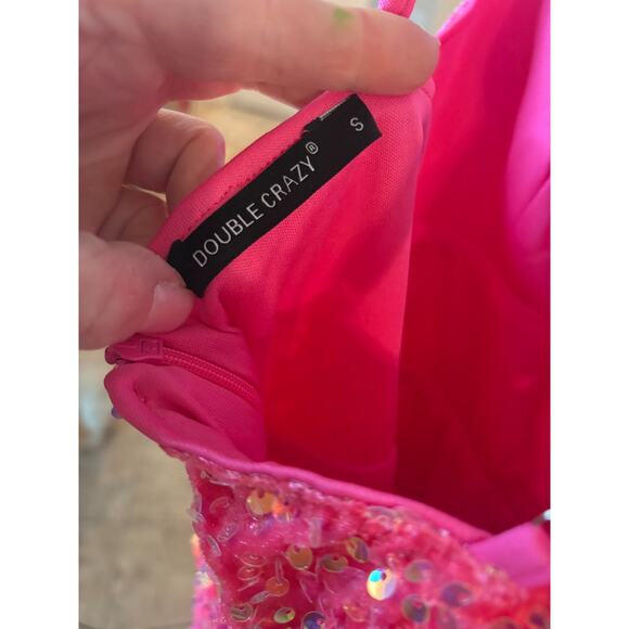 Double Crazy Pink Sequin Crystal Beaded Hem Mini Dress Size S 2-6 - Picture 7 of 8